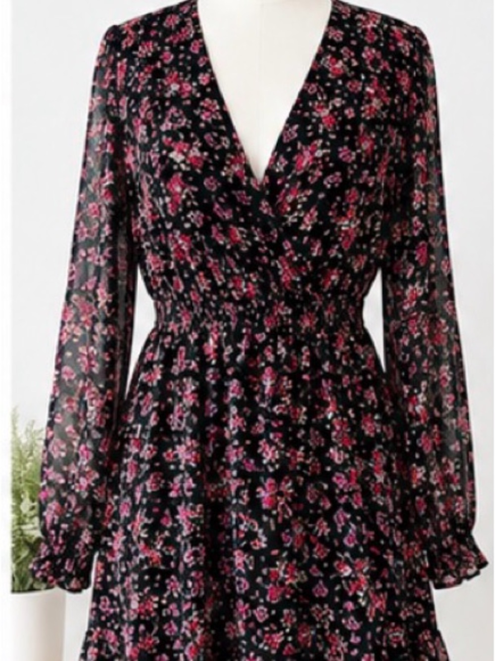 Trixxi Black Long Sleeve V-Neck Dress with Pink Floral Print